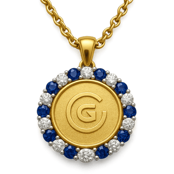 a circular 40mm diameter yellow gold coin with a generic logo and a textured finish surrounded by a halo of alternating blue sapphires and white diamonds set in white gold hanging on a gold chain on a transparent background