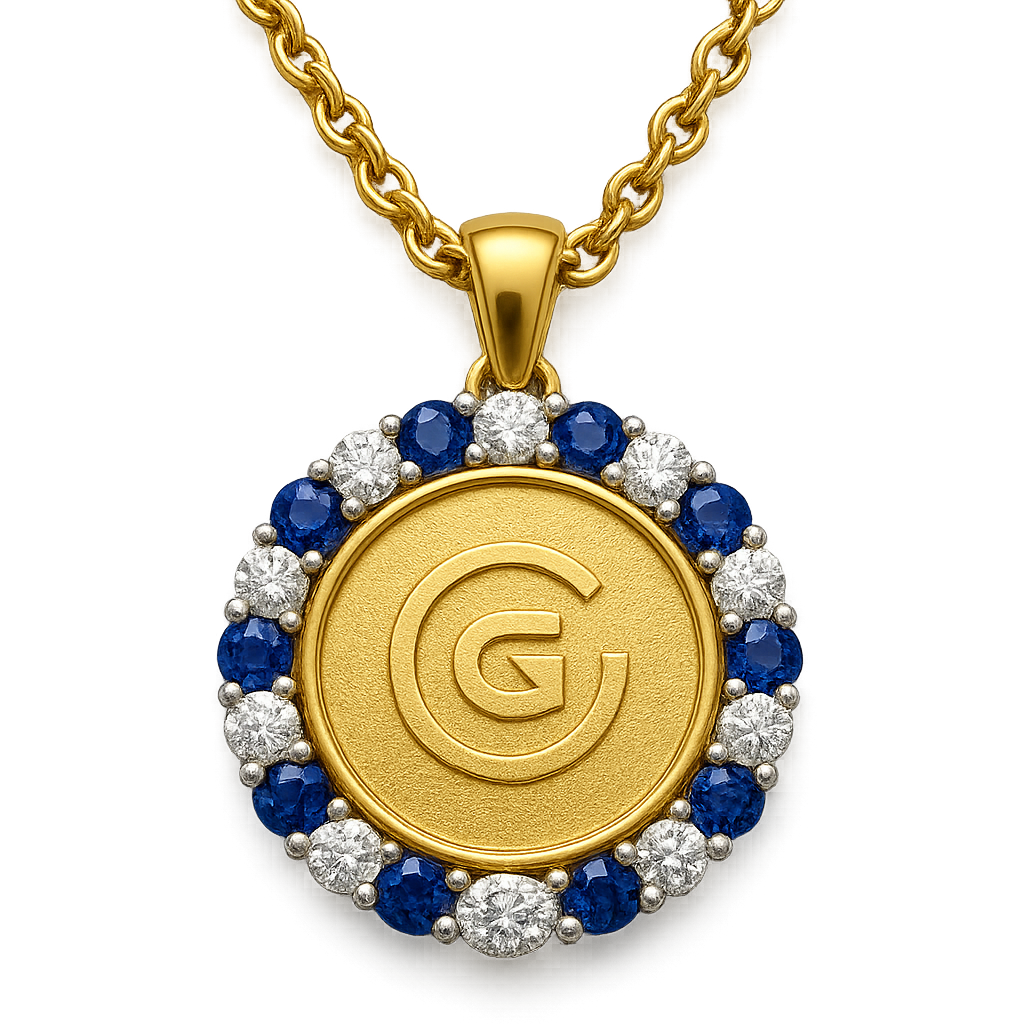 a circular 40mm diameter yellow gold coin with a generic logo and a textured finish surrounded by a halo of alternating blue sapphires and white diamonds set in white gold hanging on a gold chain on a transparent background