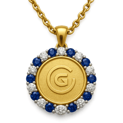 a circular 40mm diameter yellow gold coin with a generic logo and a textured finish surrounded by a halo of alternating blue sapphires and white diamonds set in white gold hanging on a gold chain on a transparent background a circular 40mm diameter yellow gold coin with a generic logo and a textured finish surrounded by a halo of alternating blue sapphires and white diamonds set in white gold hanging on a gold chain on a transparent background