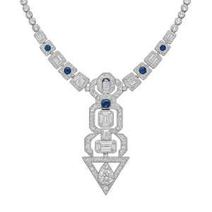 diamond necklace with mixed cuts and some small round blue sapphires art deco style in white gold on a transparent background-1