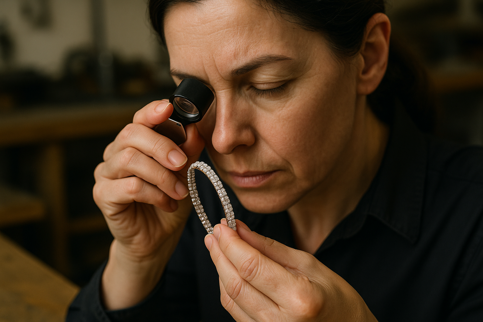 photographic an expert jeweler meticulously examining finished jewelry to ensure the quality meets her satisfaction and will be sure to dazzle the end