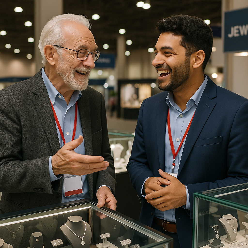 two happy jewelry store owners having an engaged conversation The older store owner is sharing some wisdom with the younger owner They are at a trade show