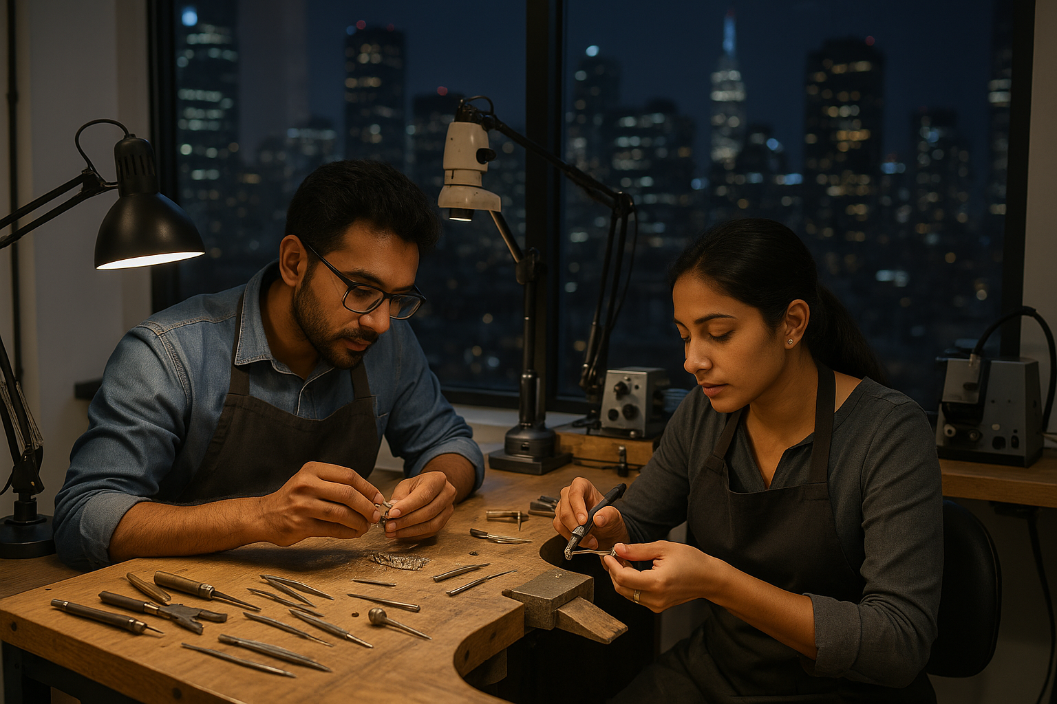 A male and female jeweler of indian origin are attentively working on a jewelry bench in a cutting edge jewelry manufacturing studio The studio has a large window behind the jewelers The studio is on the 20th floor of the building Outside its night t-1 A male and female jeweler of indian origin are attentively working on a jewelry bench in a cutting edge jewelry manufacturing studio The studio has a large window behind the jewelers The studio is on the 20th floor of the building Outside its night t-1