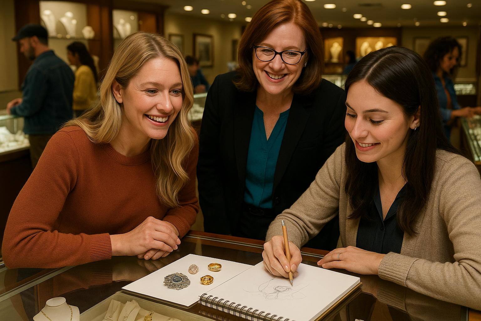 An American woman in a jewelry store showing the designer vintage family heirlooms that she wants to repurpose into a new modern design The designer is sitting down sketching a design with the store owner watching over her shoulder looking very pleas-1 An American woman in a jewelry store showing the designer vintage family heirlooms that she wants to repurpose into a new modern design The designer is sitting down sketching a design with the store owner watching over her shoulder looking very pleas-1