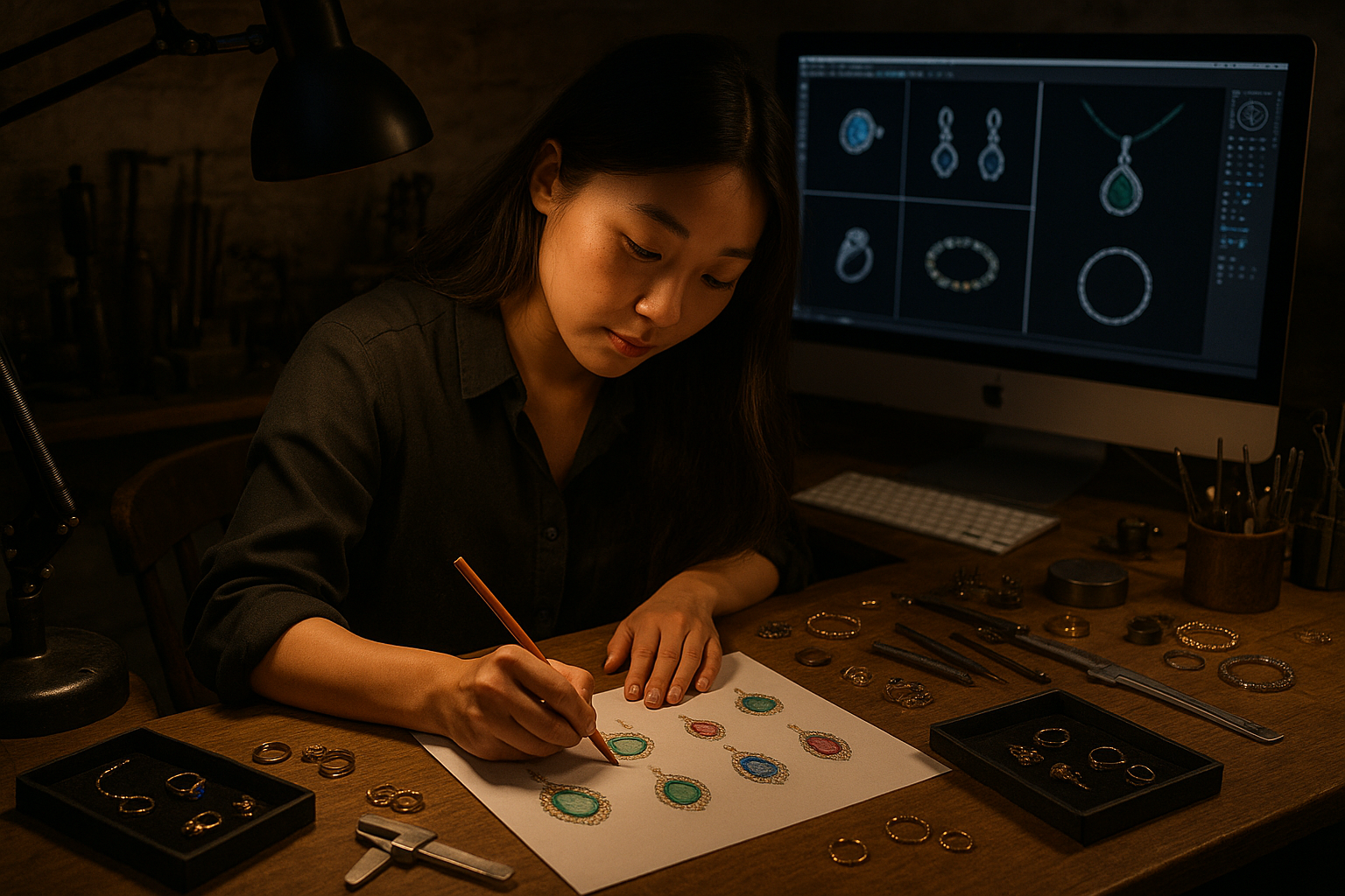 an asian female jewelry designer sketching designs in color in a jewelry workshop dimly lit with ambient light with jewelry manufacturing tools and jewelry on her desk and an apple desktop computer with jewelry CAD software open an asian female jewelry designer sketching designs in color in a jewelry workshop dimly lit with ambient light with jewelry manufacturing tools and jewelry on her desk and an apple desktop computer with jewelry CAD software open