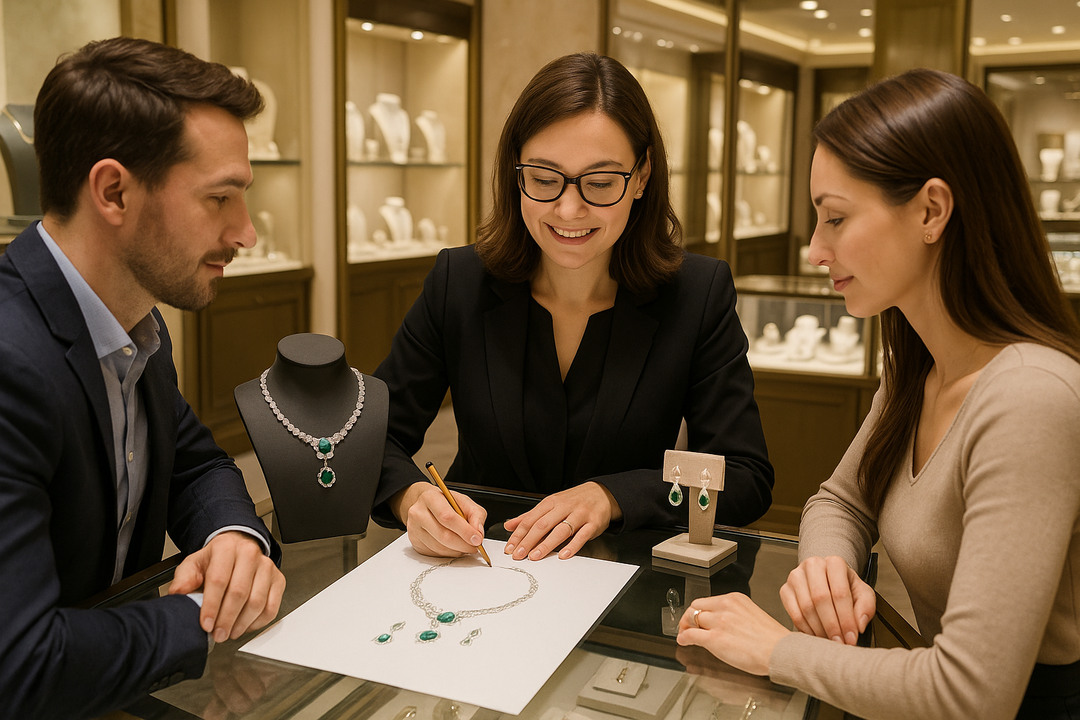 retail jeweler woman in a luxury jewelry store with two customers a man and a woman designing a gemstone necklace and earrings retail jeweler woman in a luxury jewelry store with two customers a man and a woman designing a gemstone necklace and earrings